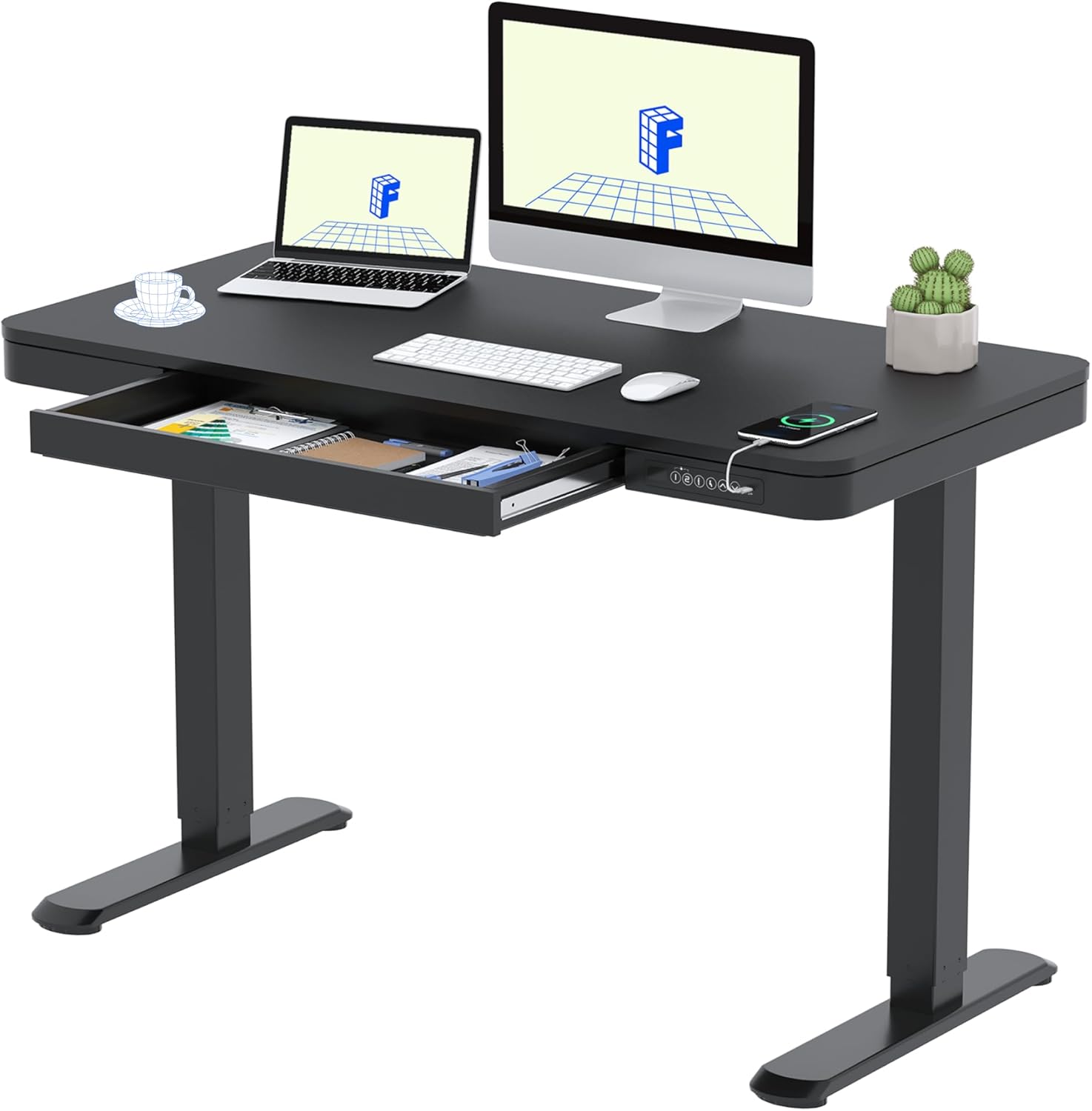 Escritorio elevable eléctrico FlexiSpot Comhar EG8 todo en uno con tablero de vidrio templado, cajón y puertos USB