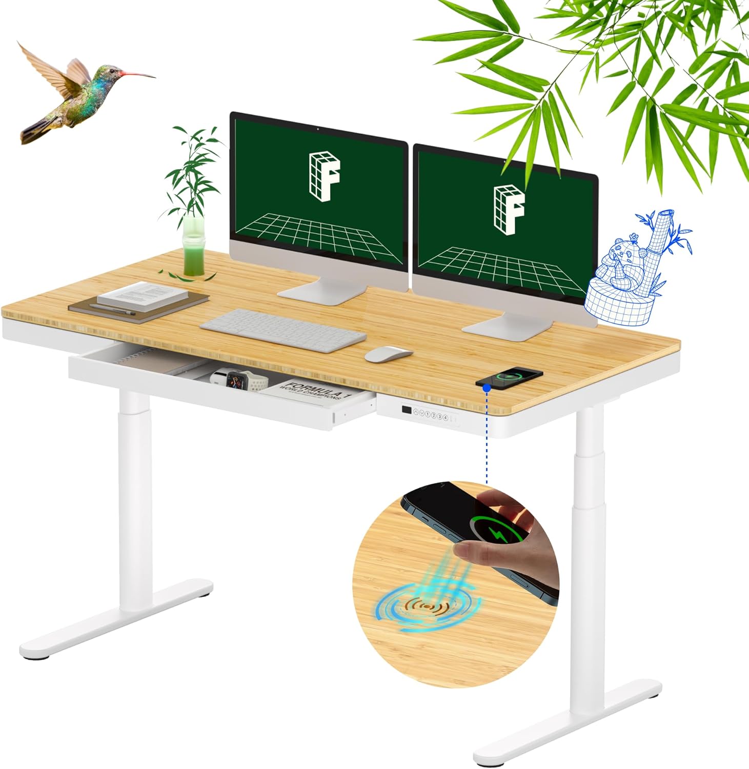 Escritorio elevable FlexiSpot Q8 de bambú con doble motor, cajón, carga inalámbrica y panel táctil integrado