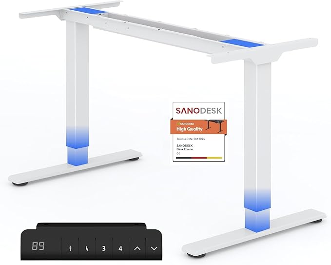 Estructura elevable eléctrica SANODESK blanca de doble motor, columnas de tres tramos y panel LED con memorias